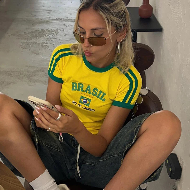 Vintage Brasil Embroidered Ringer Baby Tee