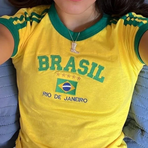 Vintage Brasil Embroidered Ringer Baby Tee